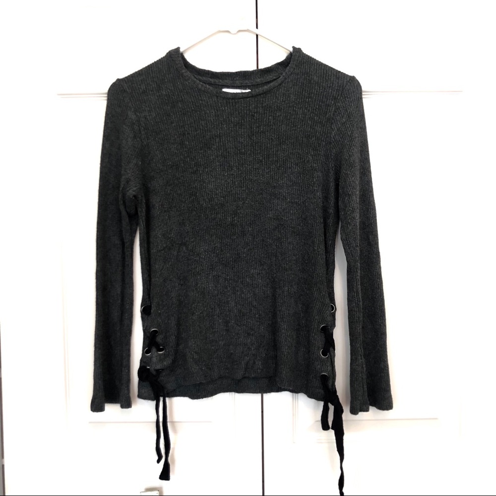 Gray Ribbed Sweater with Ribbon Details